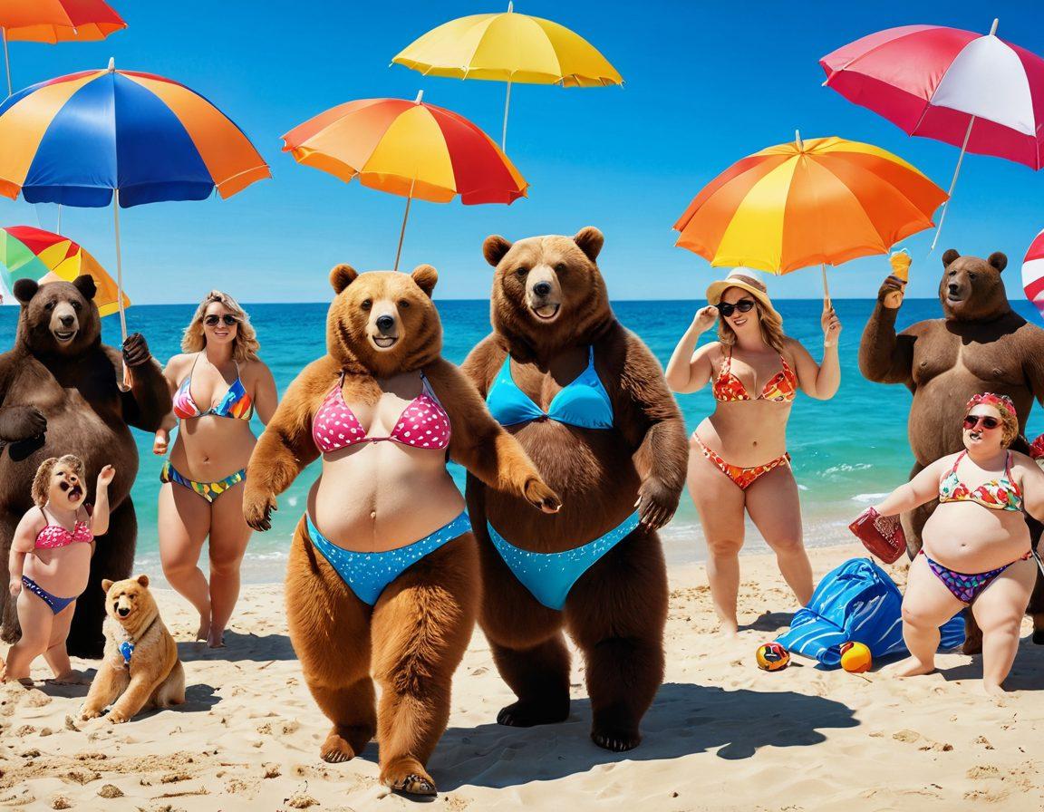 A playful scene featuring a plus-sized bear confidently wearing a colorful bikini on a sunny beach, surrounded by diverse individuals of all body types joyfully enjoying summer activities. Include vibrant beach umbrellas, beach balls, and ice cream cones, creating an atmosphere of body positivity and fun. The sun is shining brightly in a clear blue sky, enhancing the cheerful mood. The overall image should be bright and inviting. vibrant colors. 3D