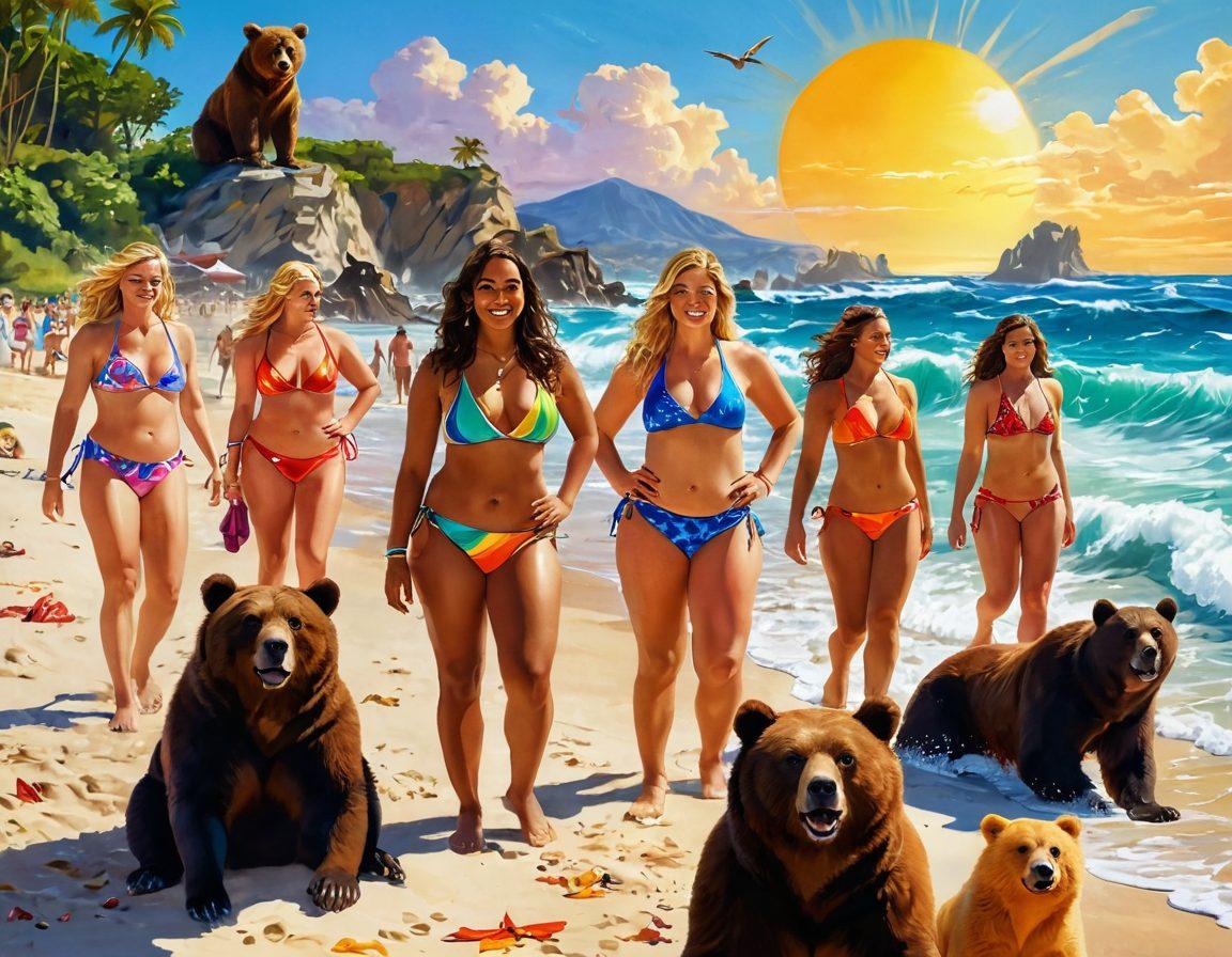 A vibrant beach scene featuring a diverse group of people of all shapes and sizes, confidently wearing colorful and stylish bikinis while interacting with playful bears in the background. The sun shines brightly above, illuminating the joyful atmosphere with ocean waves crashing nearby. Include elements of bravery and camaraderie among friends. Bright and cheerful colors. super-realistic. vibrant colors. beach setting.