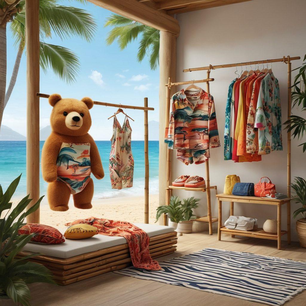 A creative blend of a serene beach scene transitioning into a stylish fashion studio. In the foreground, showcase swimwear inspired by bear culture featuring unique patterns and textures. Add playful bear motifs on the swimwear and elements like bamboo and pine trees to represent nature. The background includes vibrant waves and a chic clothing rack filled with trendy swimwear. super-realistic. vibrant colors. beachy aesthetic.